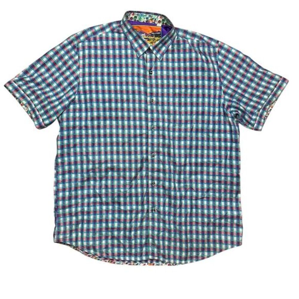Robert Graham Multicolor Blue Green Pink Check Short Sleeve Button-Down Shirt